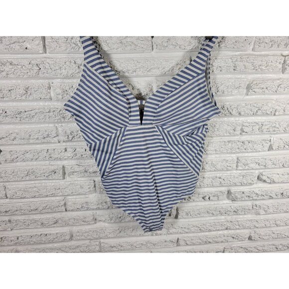 Time Tru Womens Swimsuit 1X One Piece Blue Stripe Plunge Bra Lined STR153E - Picture 3 of 11